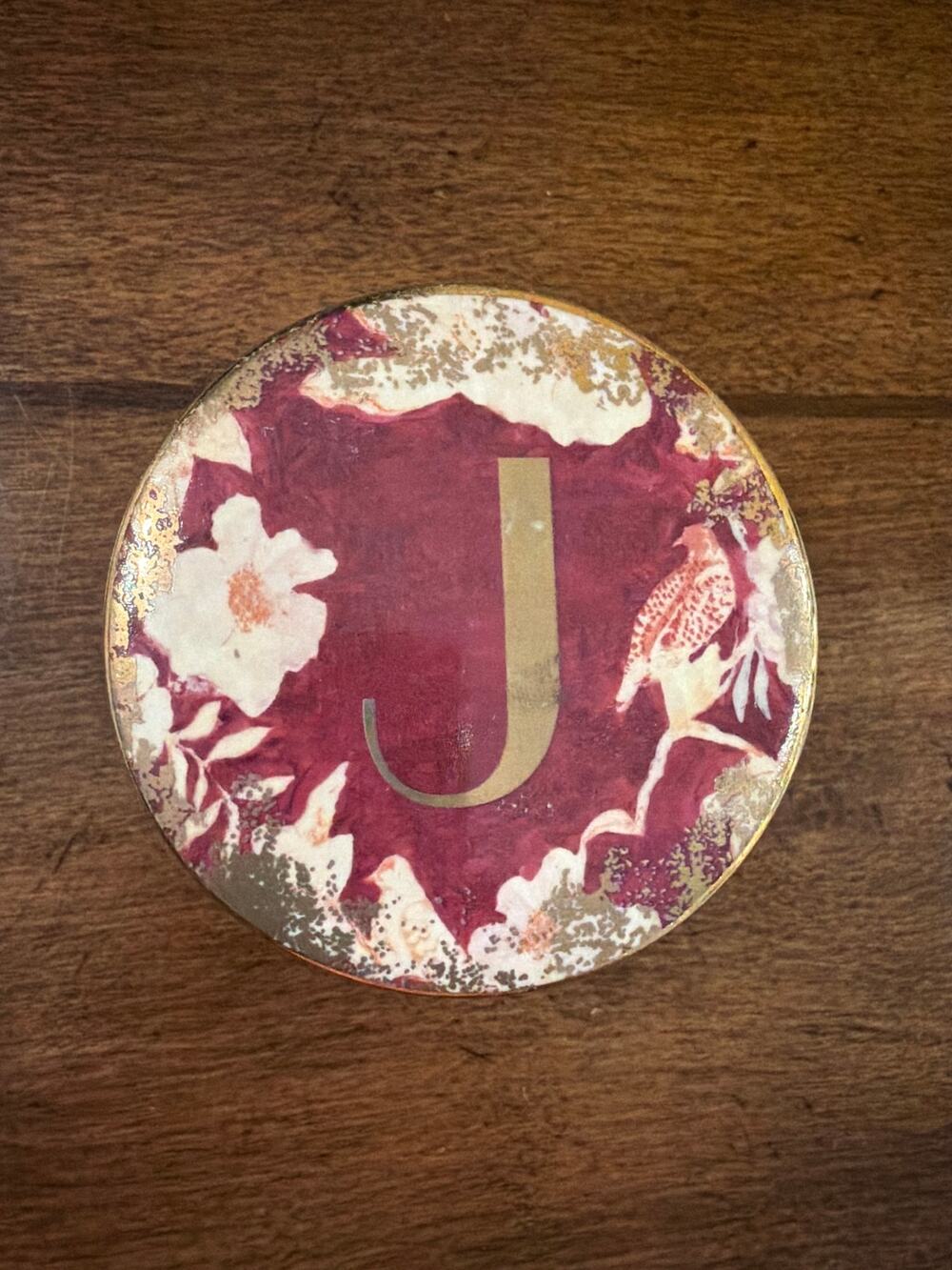 NWT-Anthropologie- Emmaline Stoneware Lidded maroon gold Monogram J Trinket Dish